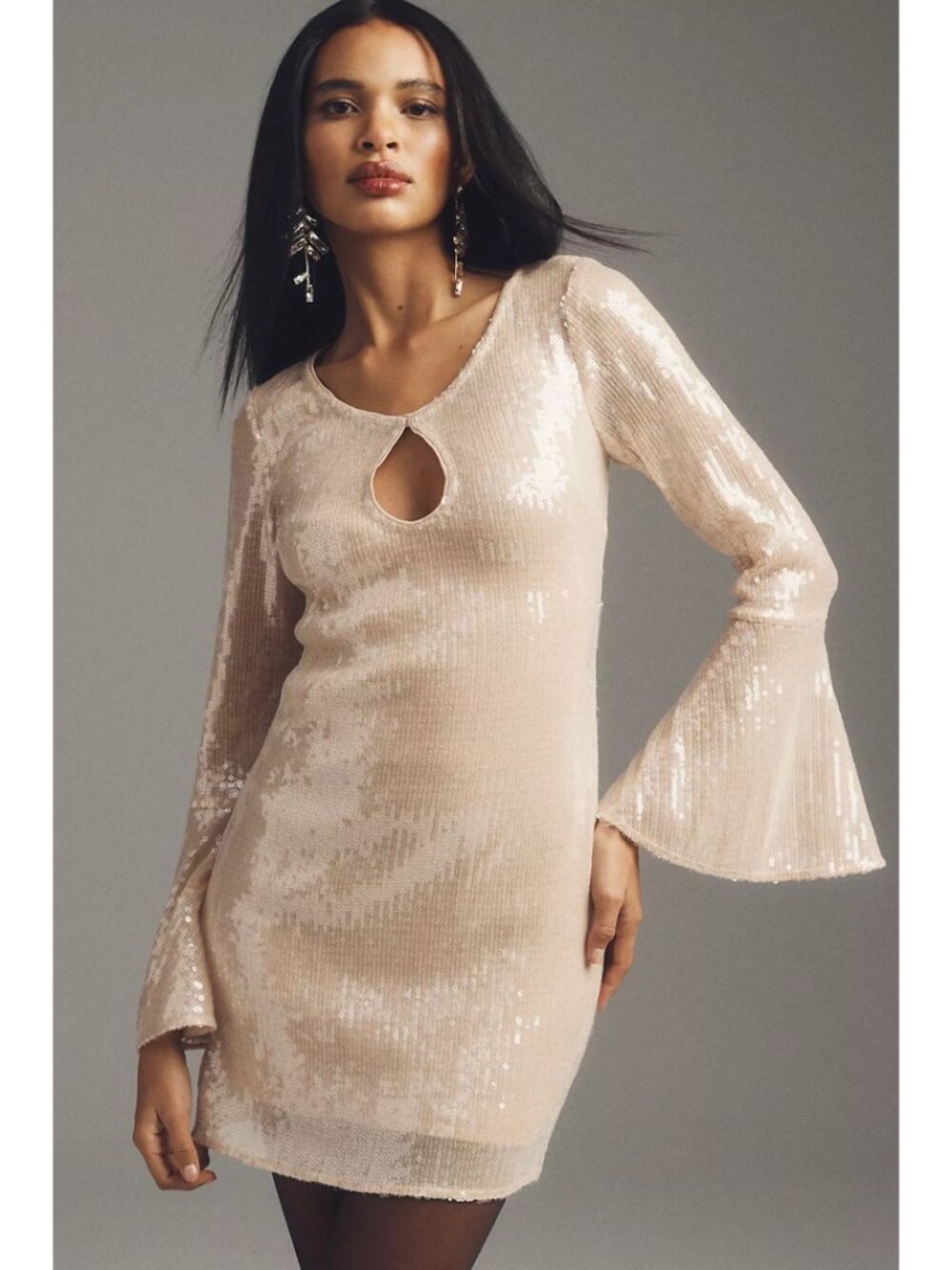 HUTCH Long-Sleeve Sequin Mesh Mini Dress in Sequin Cream Size Small